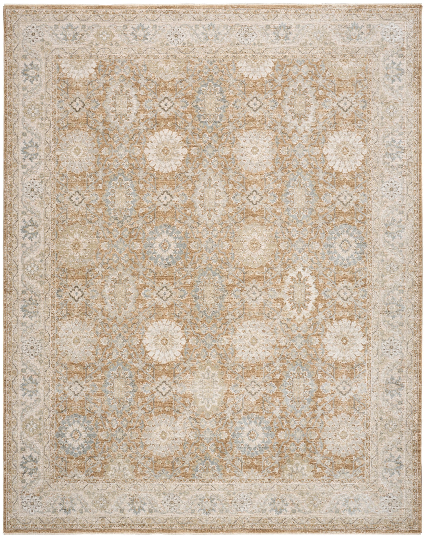 Beige and pale blue oriental area rug with floral medallion pattern and distressed vintage look.