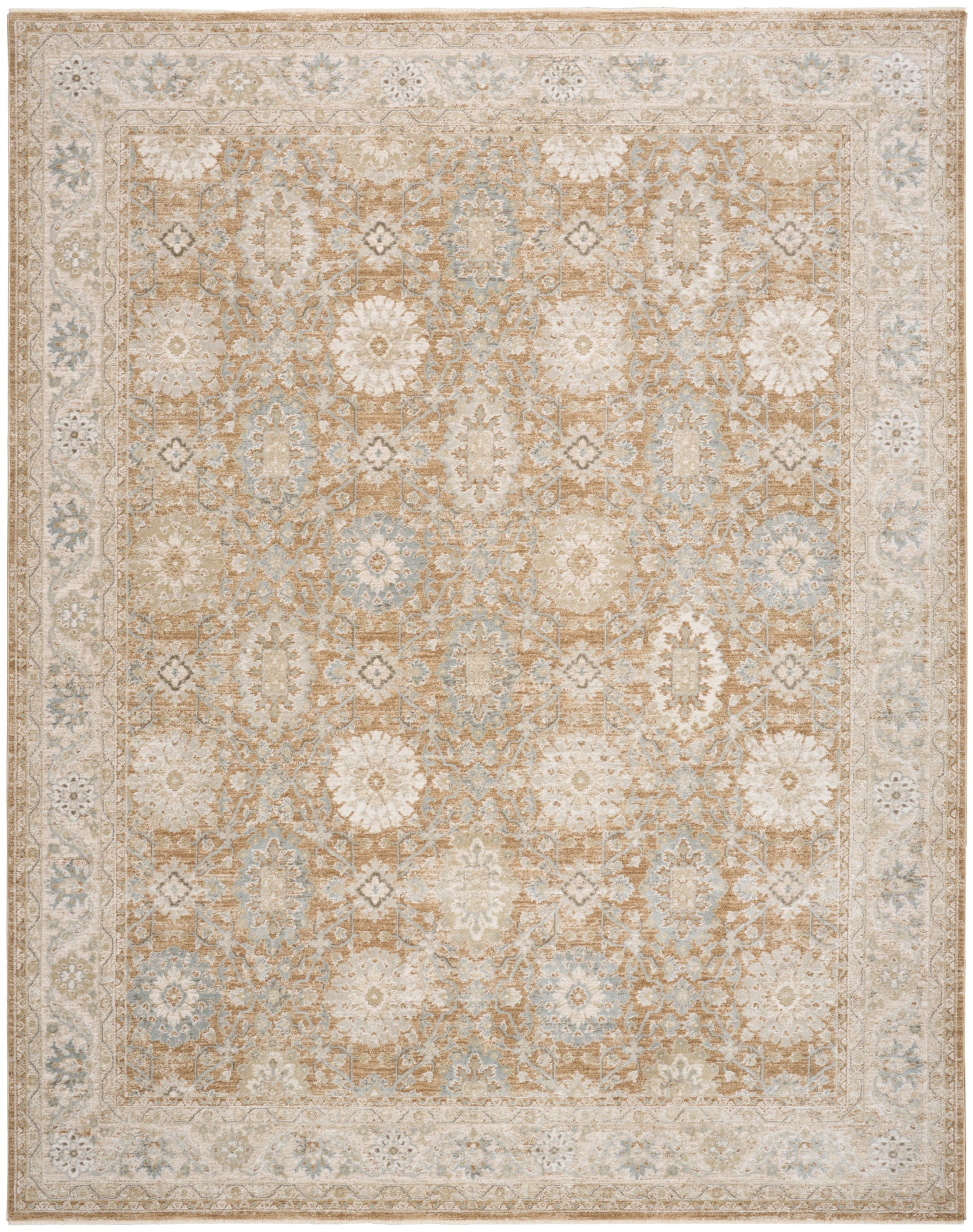 Beige and pale blue oriental area rug with floral medallion pattern and distressed vintage look.