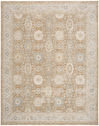 Beige and pale blue oriental area rug with floral medallion pattern and distressed vintage look.