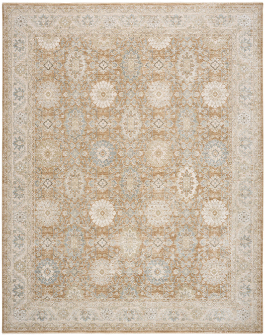 Beige and pale blue oriental area rug with floral medallion pattern and distressed vintage look.