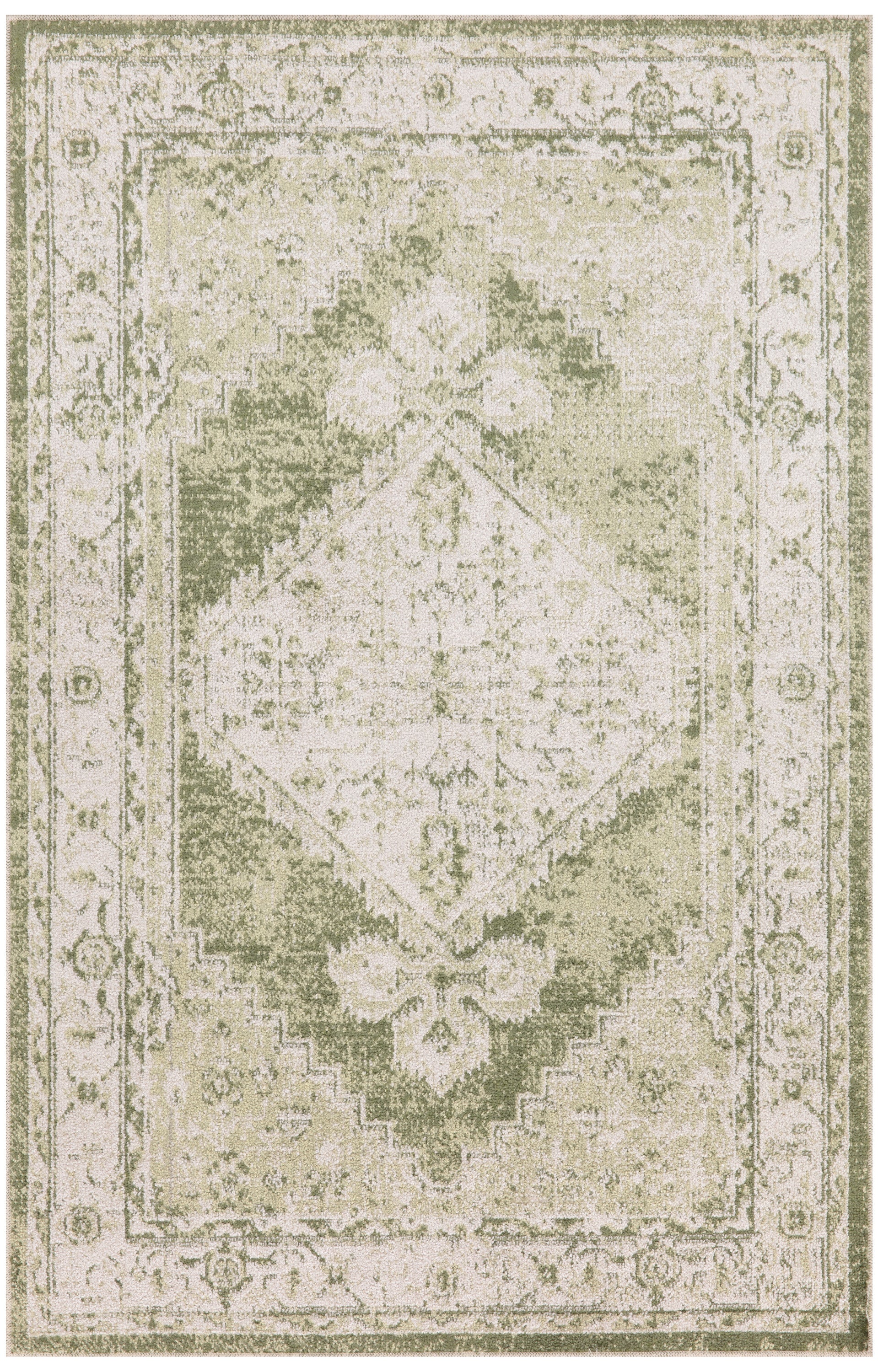Beige & olive distressed oriental rug with central diamond medallion and ornate border, vintage look.