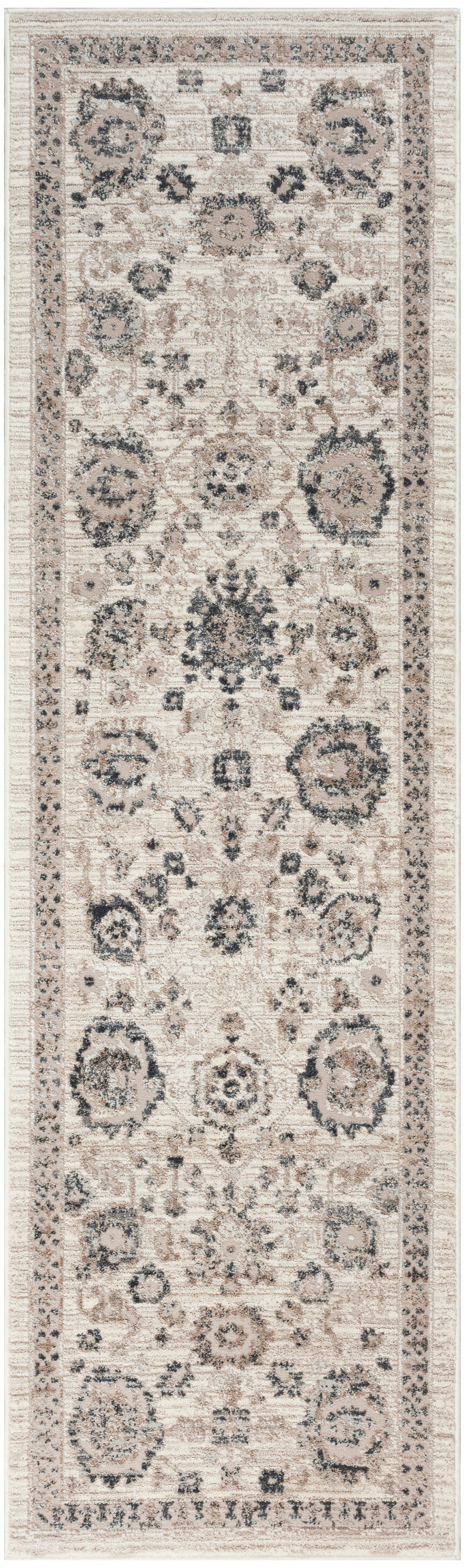 Cream runner rug with vintage beige and blue-gray floral medallions; traditional Persian-inspired pattern, soft textured.