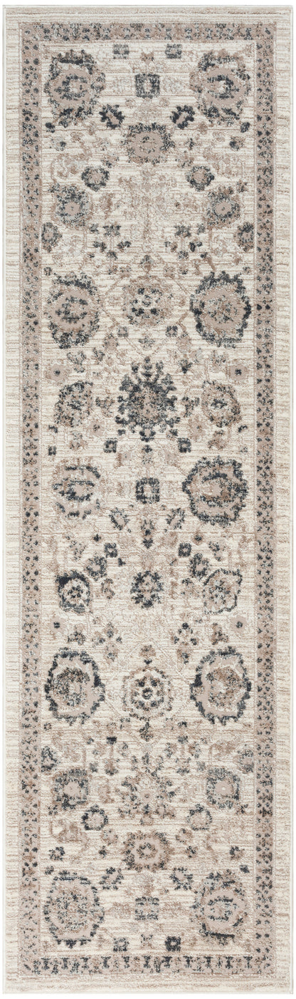 Cream runner rug with vintage beige and blue-gray floral medallions; traditional Persian-inspired pattern, soft textured.
