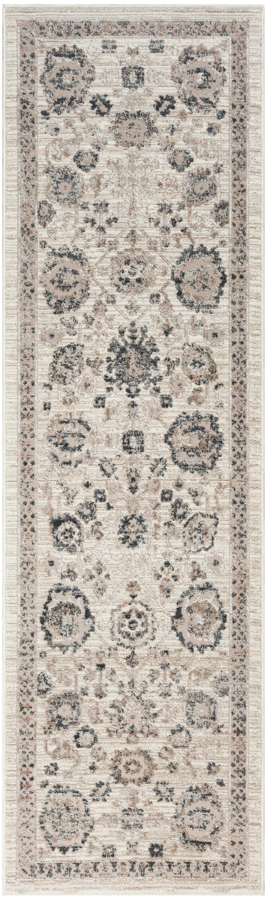 Cream runner rug with vintage beige and blue-gray floral medallions; traditional Persian-inspired pattern, soft textured.