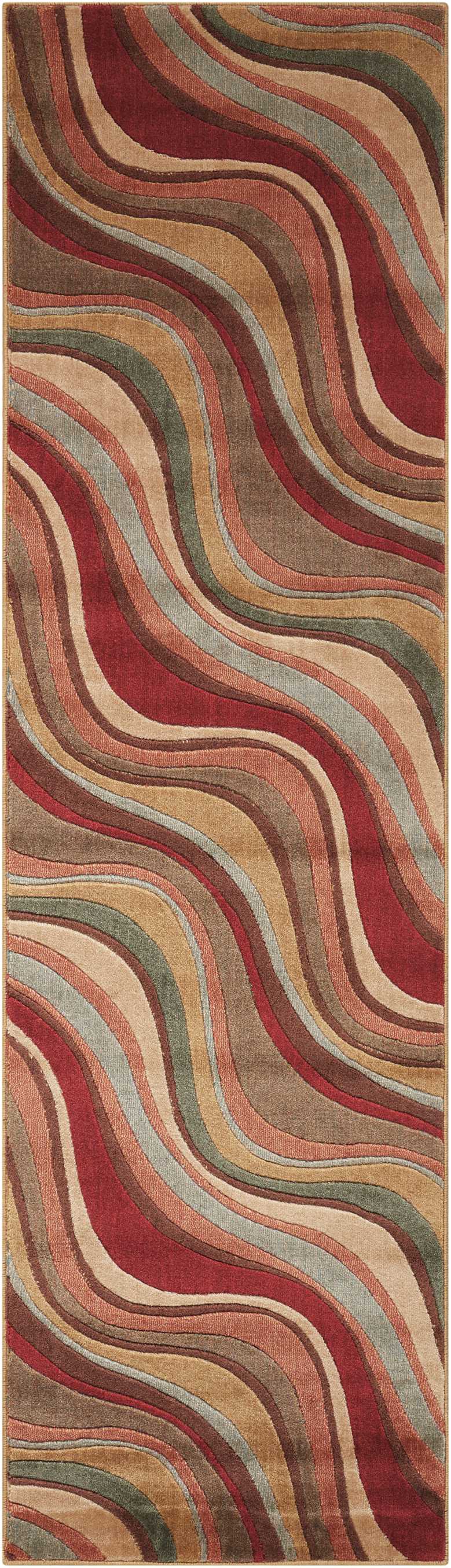 Long hallway runner rug with wavy multicolor stripes in red, tan, olive, gray and brown; plush, modern abstract style.