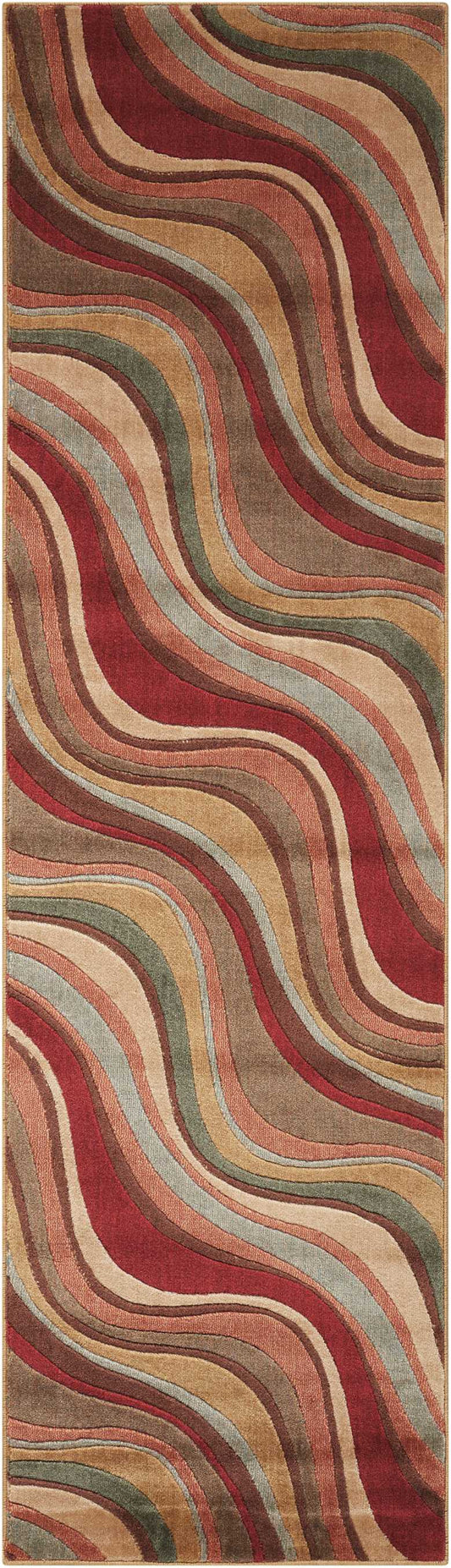 Long hallway runner rug with wavy multicolor stripes in red, tan, olive, gray and brown; plush, modern abstract style.