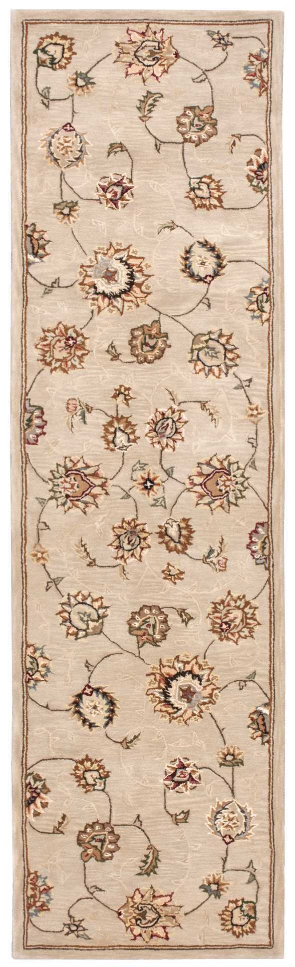Long beige runner rug with scrolling floral vines and multicolored pink, blue and brown flowers; slim border.