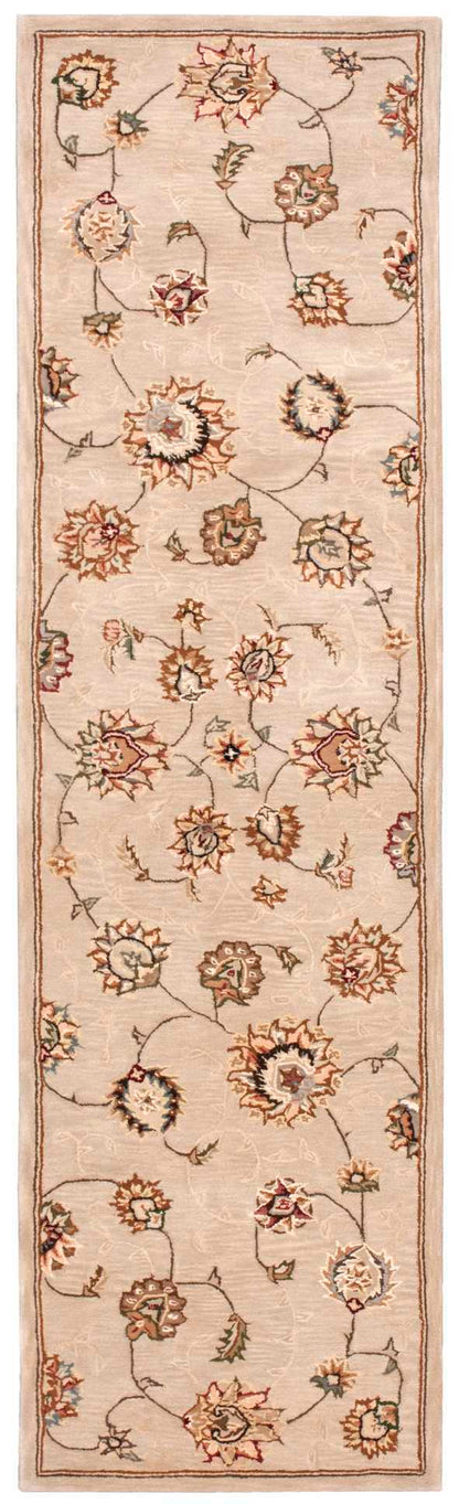 Long beige runner rug with scrolling floral vines and multicolored pink, blue and brown flowers; slim border.