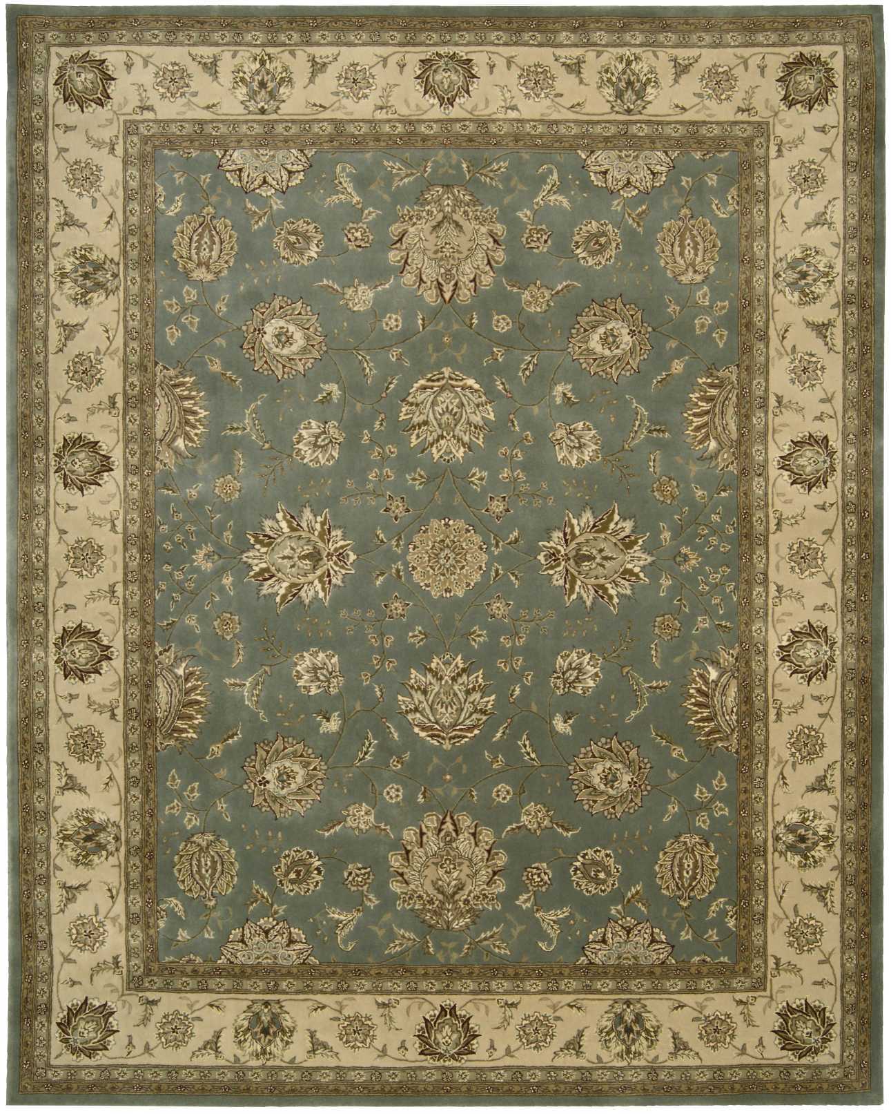 Traditional Persian-style area rug with teal field and cream-gold ornate floral border.