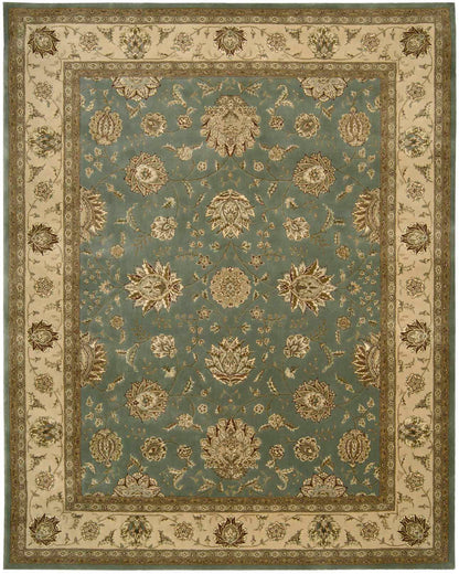 Traditional Persian-style area rug with teal field and cream-gold ornate floral border.