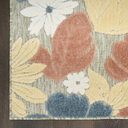 Colorful floral area rug with yellow leaves, pale blue flowers, orange-red petals on gray background; bound edge.
