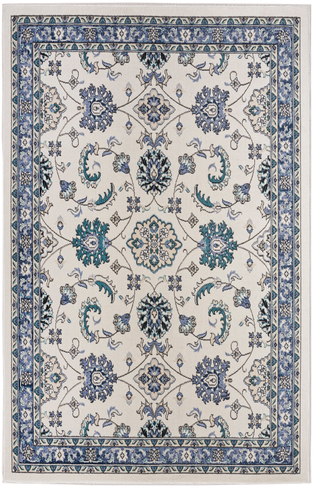 Oriental-style blue and teal floral area rug on ivory with layered blue borders.