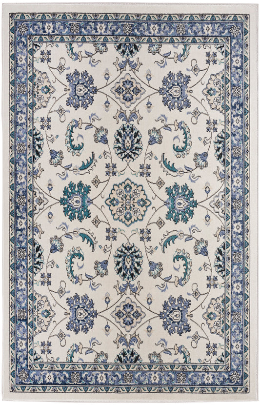 Oriental-style blue and teal floral area rug on ivory with layered blue borders.