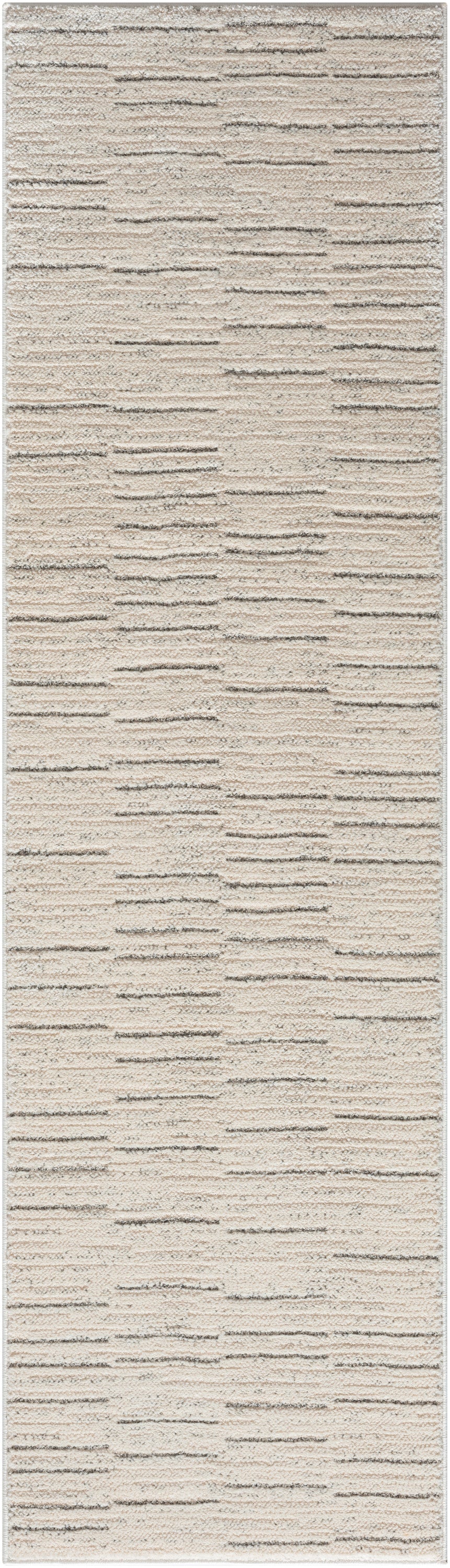Beige textured runner rug with subtle horizontal woven lines; neutral cream color, ideal for hallways or entryways.