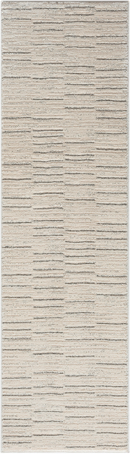 Beige textured runner rug with subtle horizontal woven lines; neutral cream color, ideal for hallways or entryways.