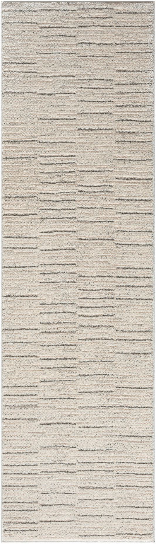 Beige textured runner rug with subtle horizontal woven lines; neutral cream color, ideal for hallways or entryways.