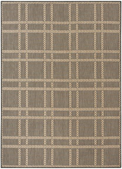 Woven rectangular rug with brown background and beige braided stripe grid forming rectangular blocks.