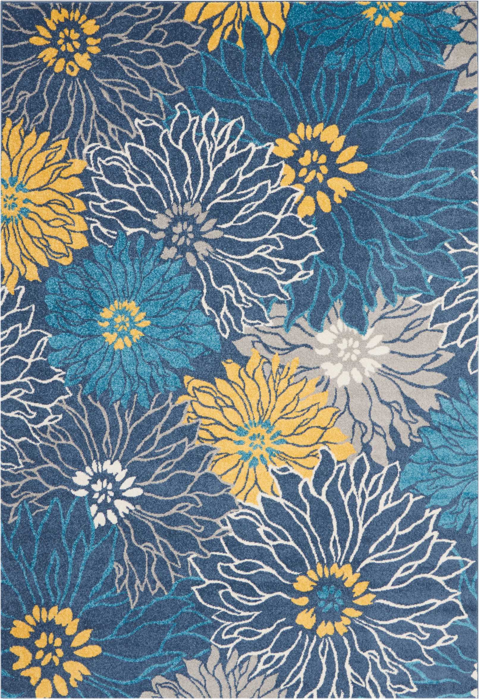 Blue area rug with oversized teal, yellow and white floral blooms and white outlined petals.