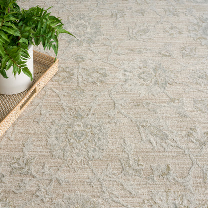 Beige patterned rug with a white pot of green fern on a woven tray in the top-left corner.