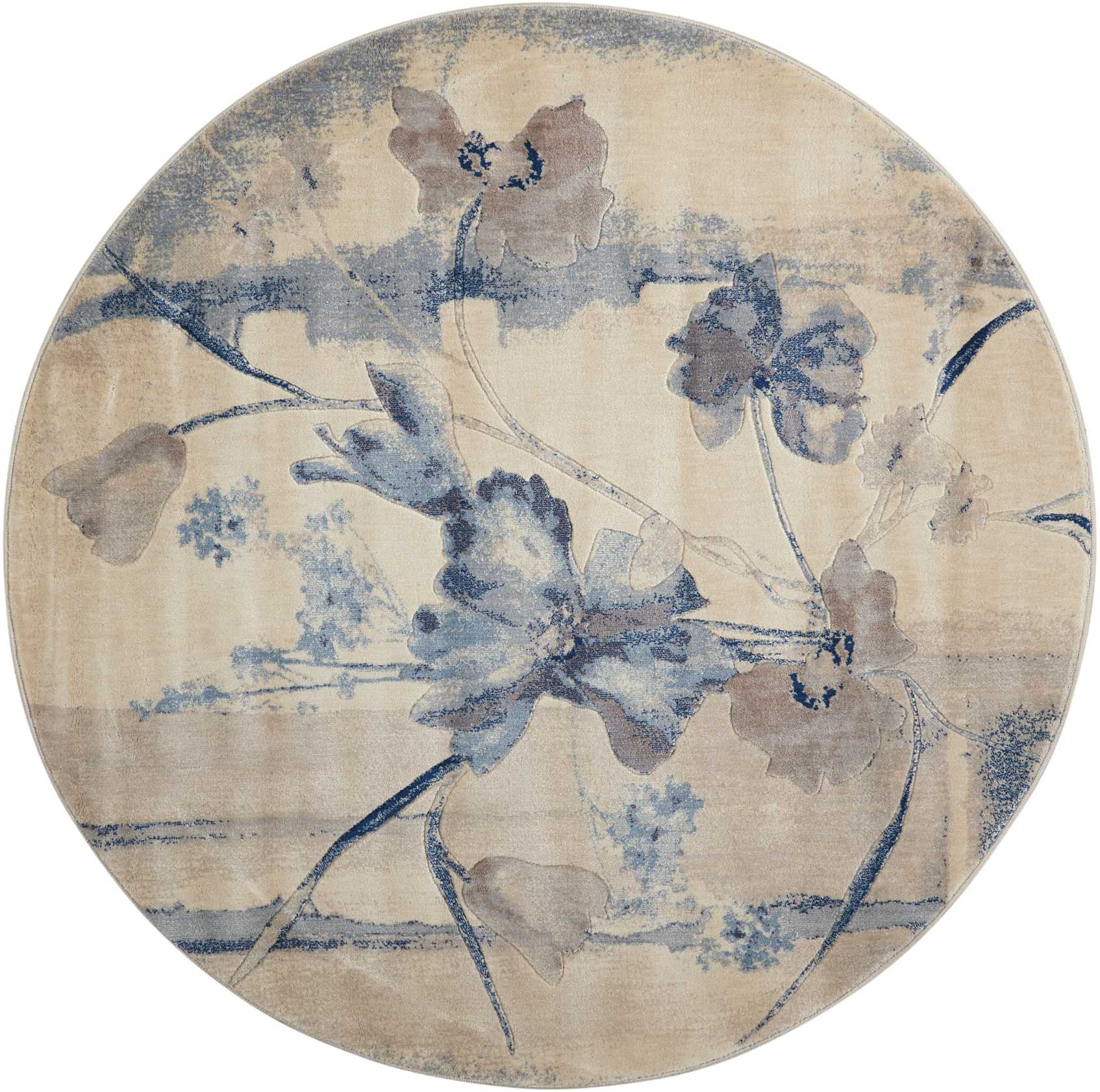 Round beige rug with blue floral pattern and watercolor-style vines.