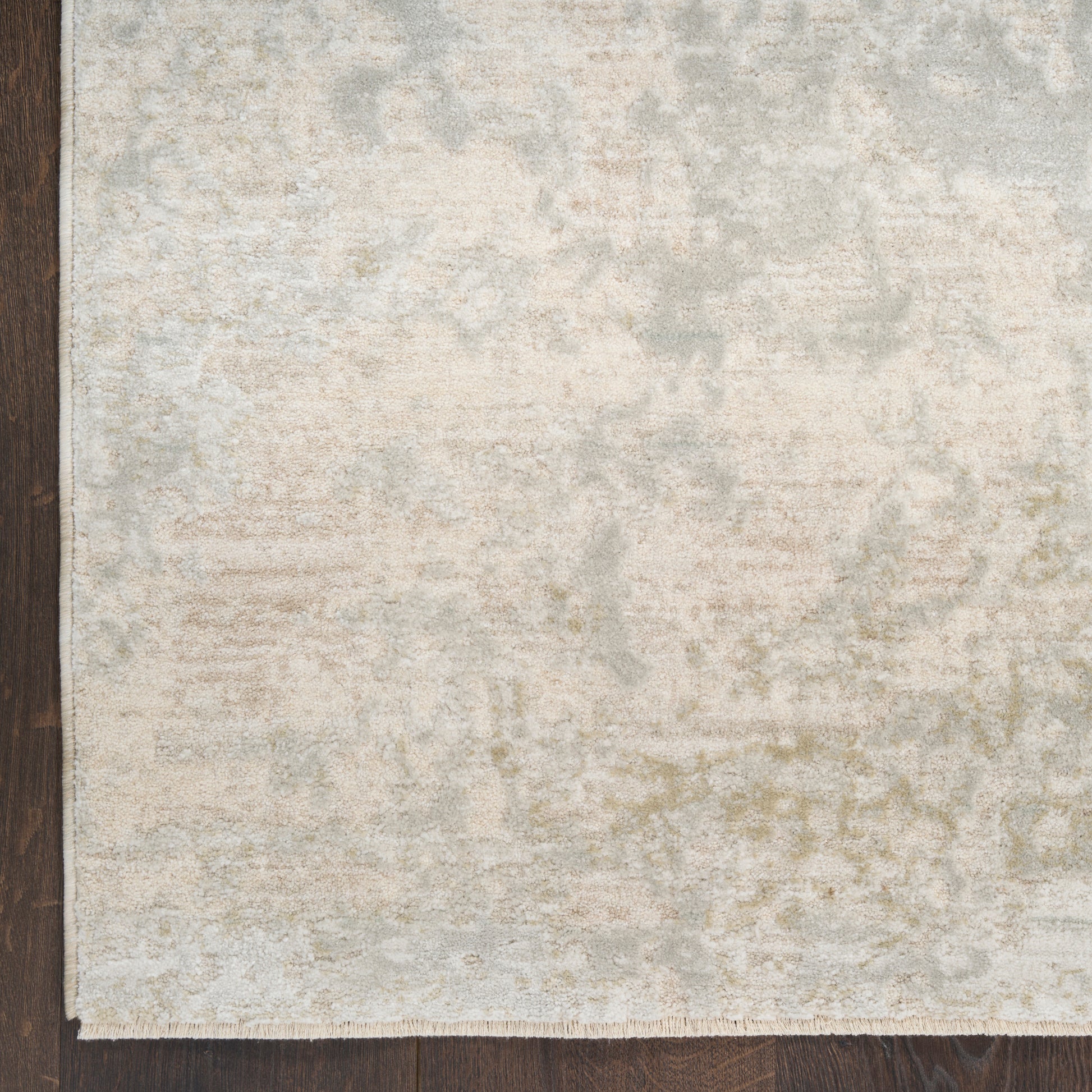 Light beige rug with subtle gray mottled pattern on dark wood floor.