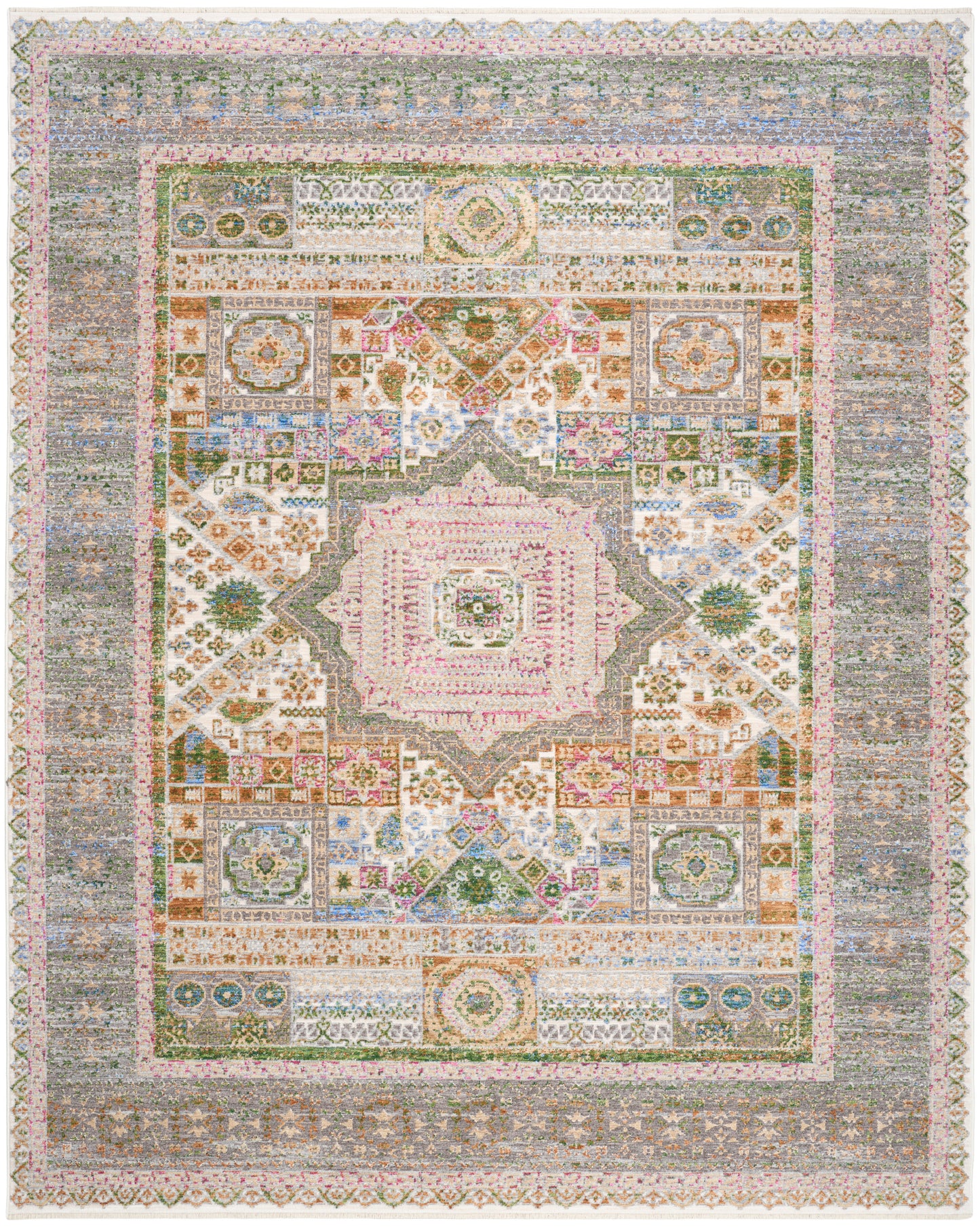 Pastel antique-style rectangular rug with central medallion, floral motifs and layered borders in pink, blues, and greens.