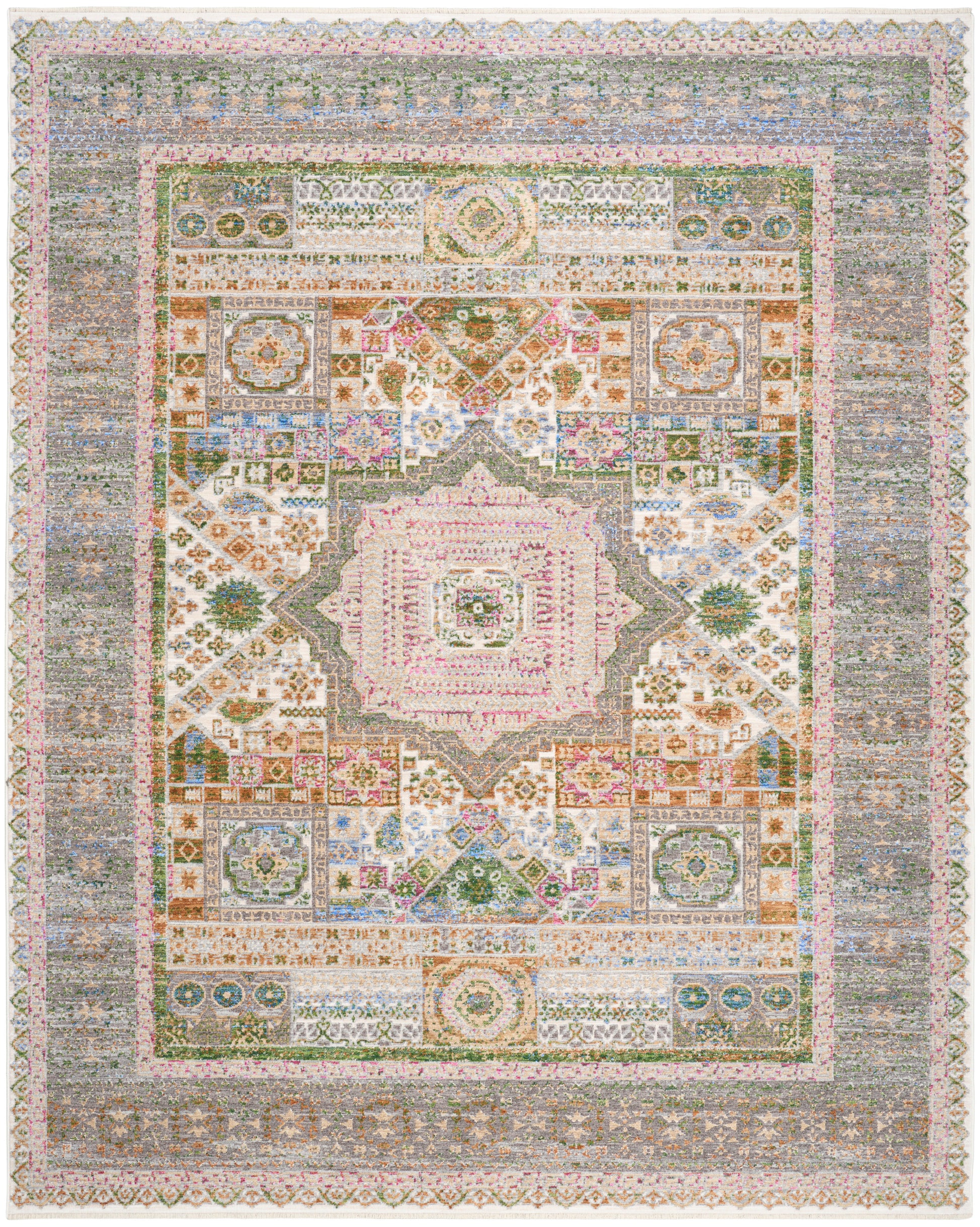 Pastel antique-style rectangular rug with central medallion, floral motifs and layered borders in pink, blues, and greens.