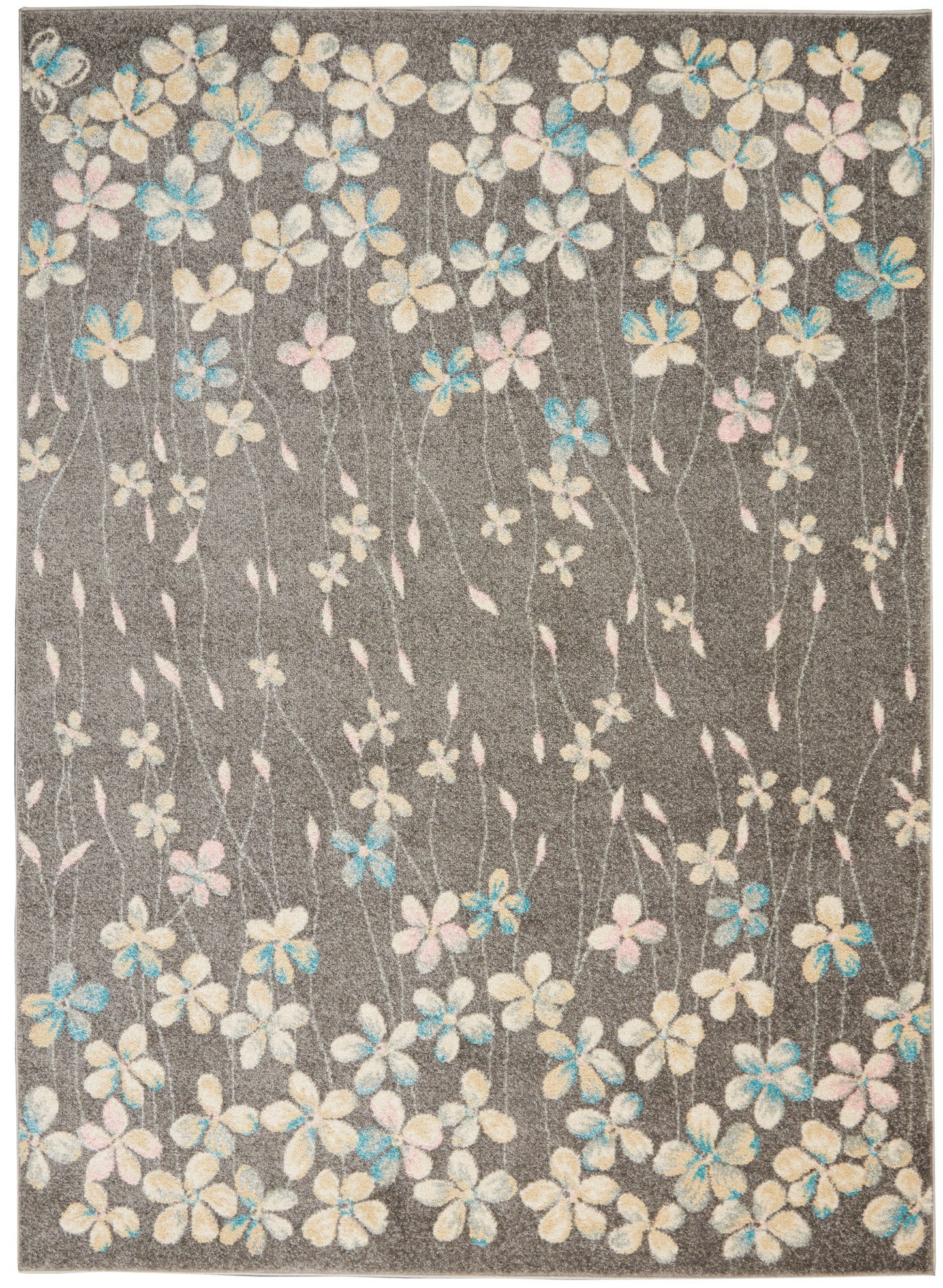 Rectangular grey rug with soft pile and pastel floral pattern in cream, pink, and blue.