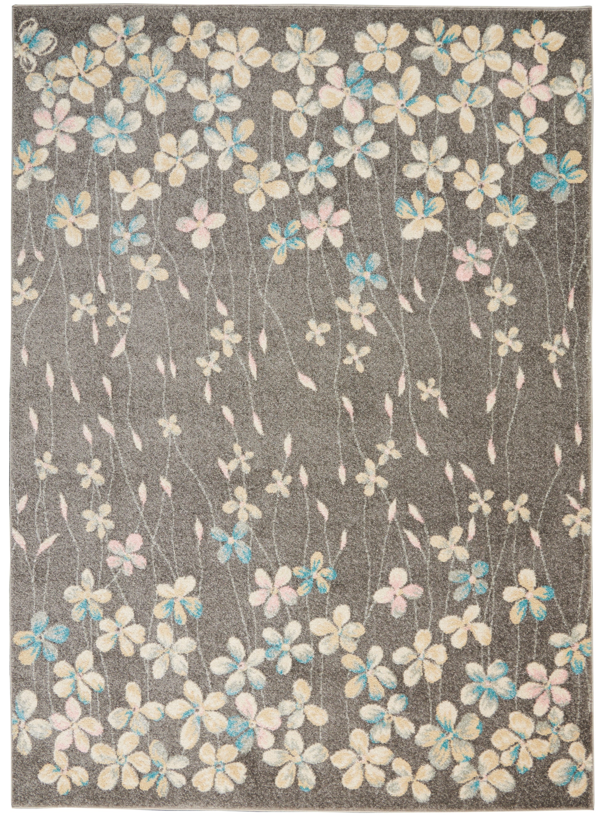 Rectangular grey rug with soft pile and pastel floral pattern in cream, pink, and blue.