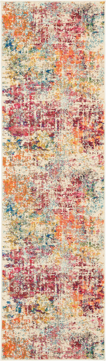 Rectangular abstract rug runner with distressed pattern in pink, orange, yellow, blue & beige; modern boho living room rug.