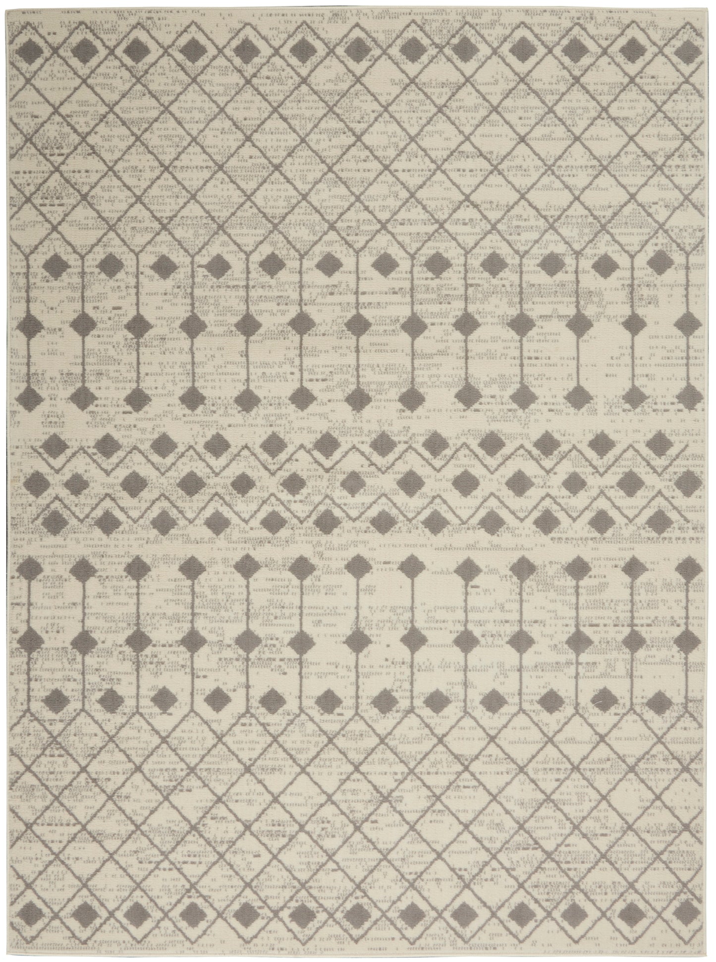 Beige geometric rug with gray lattice and diamond motifs in a modern tribal pattern; rectangular area rug