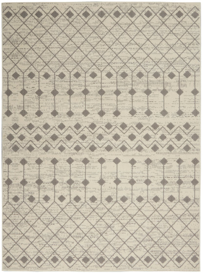 Beige geometric rug with gray lattice and diamond motifs in a modern tribal pattern; rectangular area rug