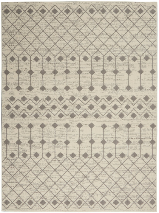 Beige geometric rug with gray lattice and diamond motifs in a modern tribal pattern; rectangular area rug