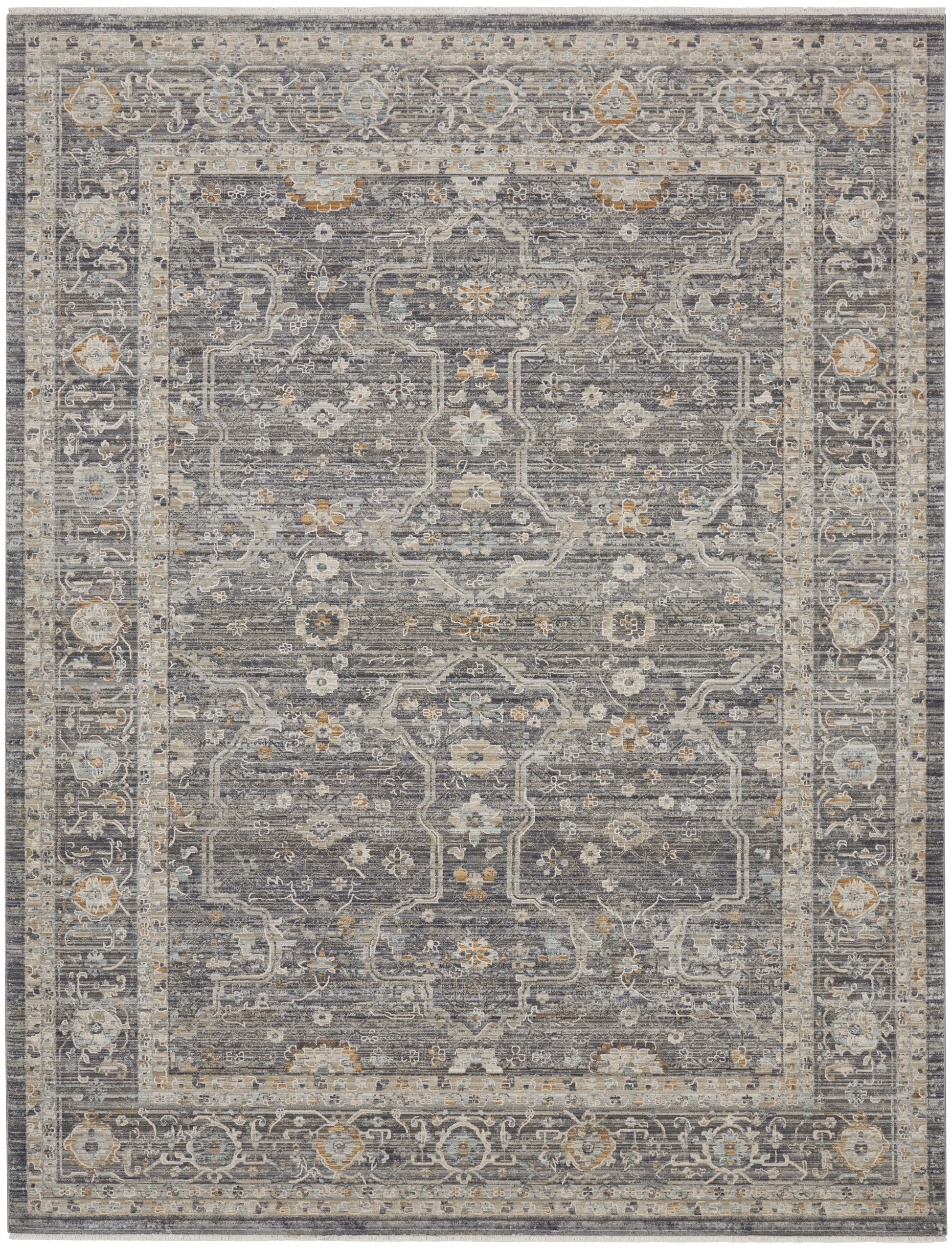 Rectangular distressed gray-blue Persian-style area rug with ivory and gold floral medallions and ornate border.