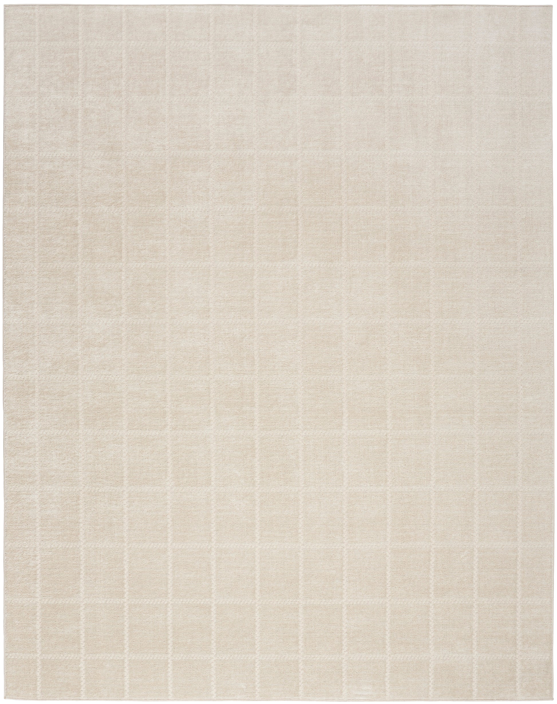 Beige rectangular area rug with subtle cream grid pattern and soft, textured surface.