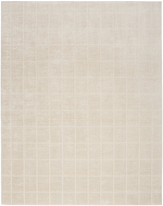 Beige rectangular area rug with subtle cream grid pattern and soft, textured surface.