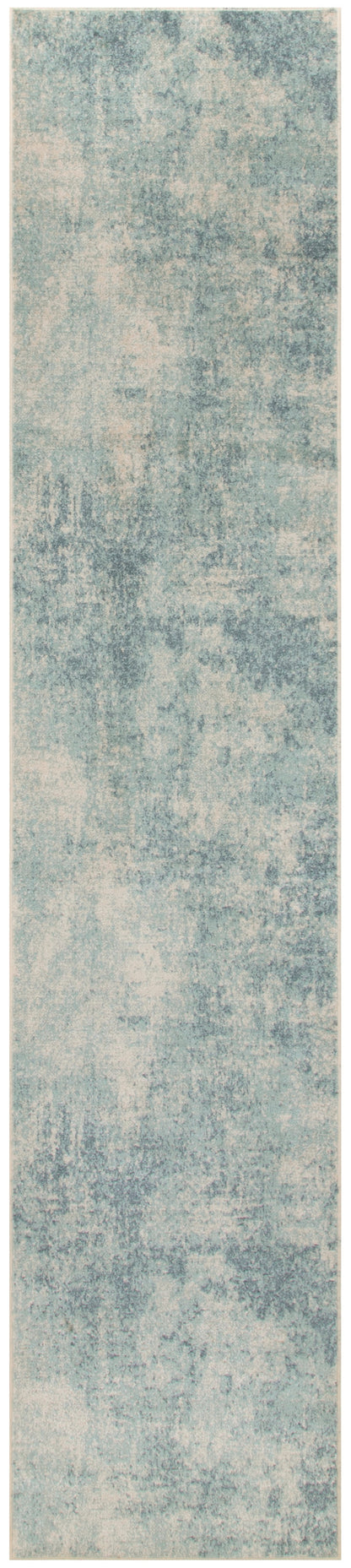 Tall narrow rug runner with blue-teal and cream mottled distressed texture.