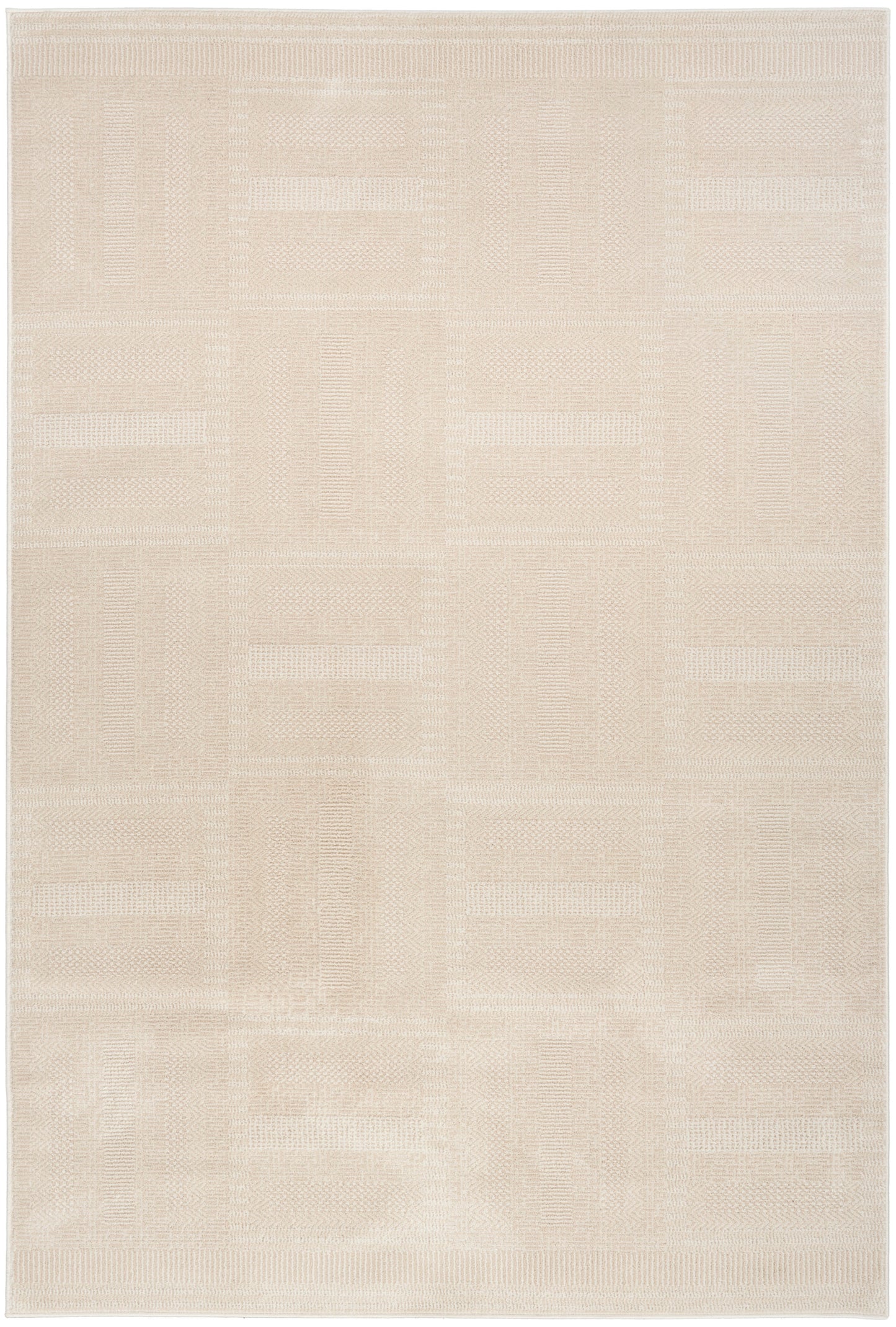 Beige rectangular area rug with a subtle patchwork geometric pattern and soft woven texture.