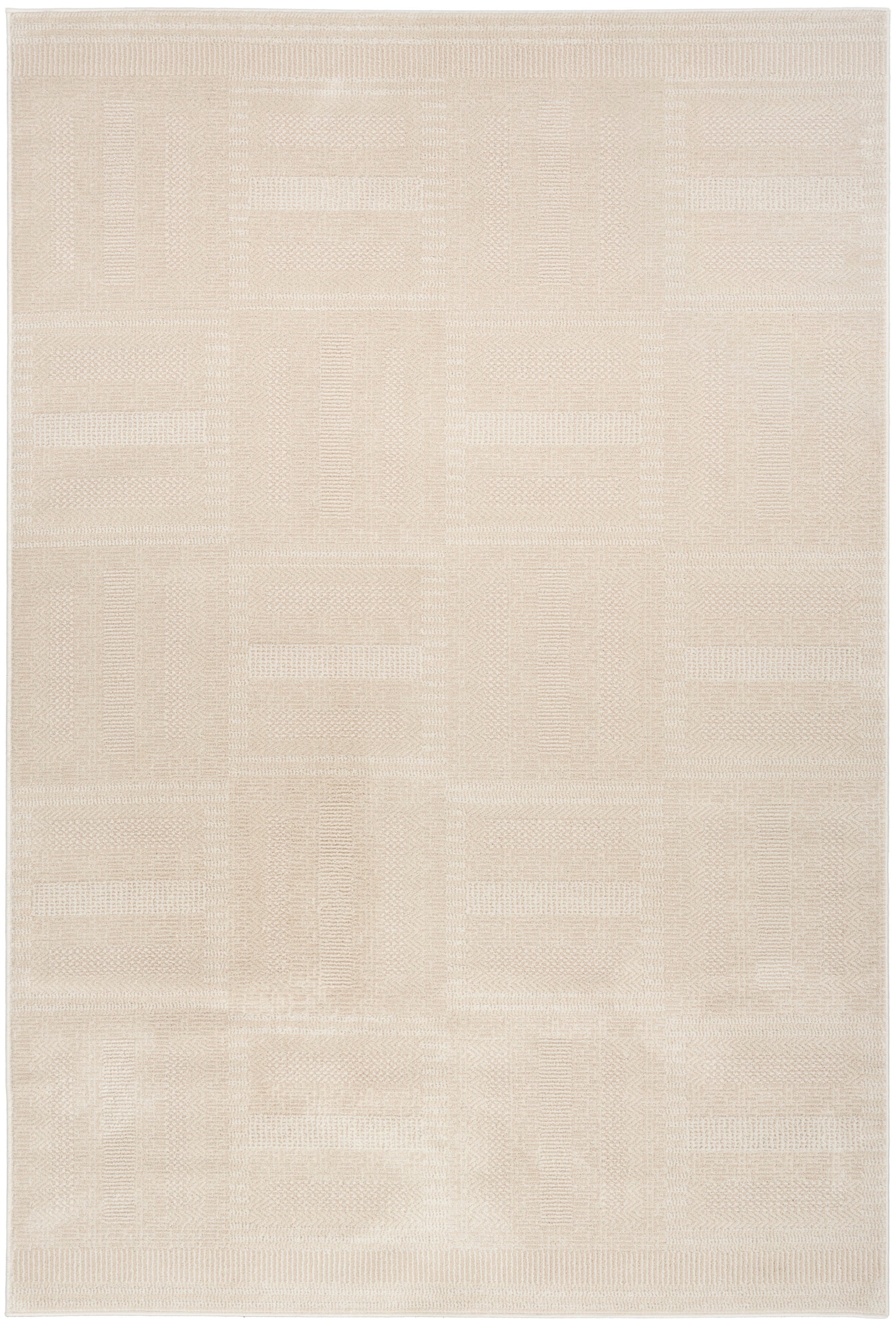 Beige rectangular area rug with a subtle patchwork geometric pattern and soft woven texture.