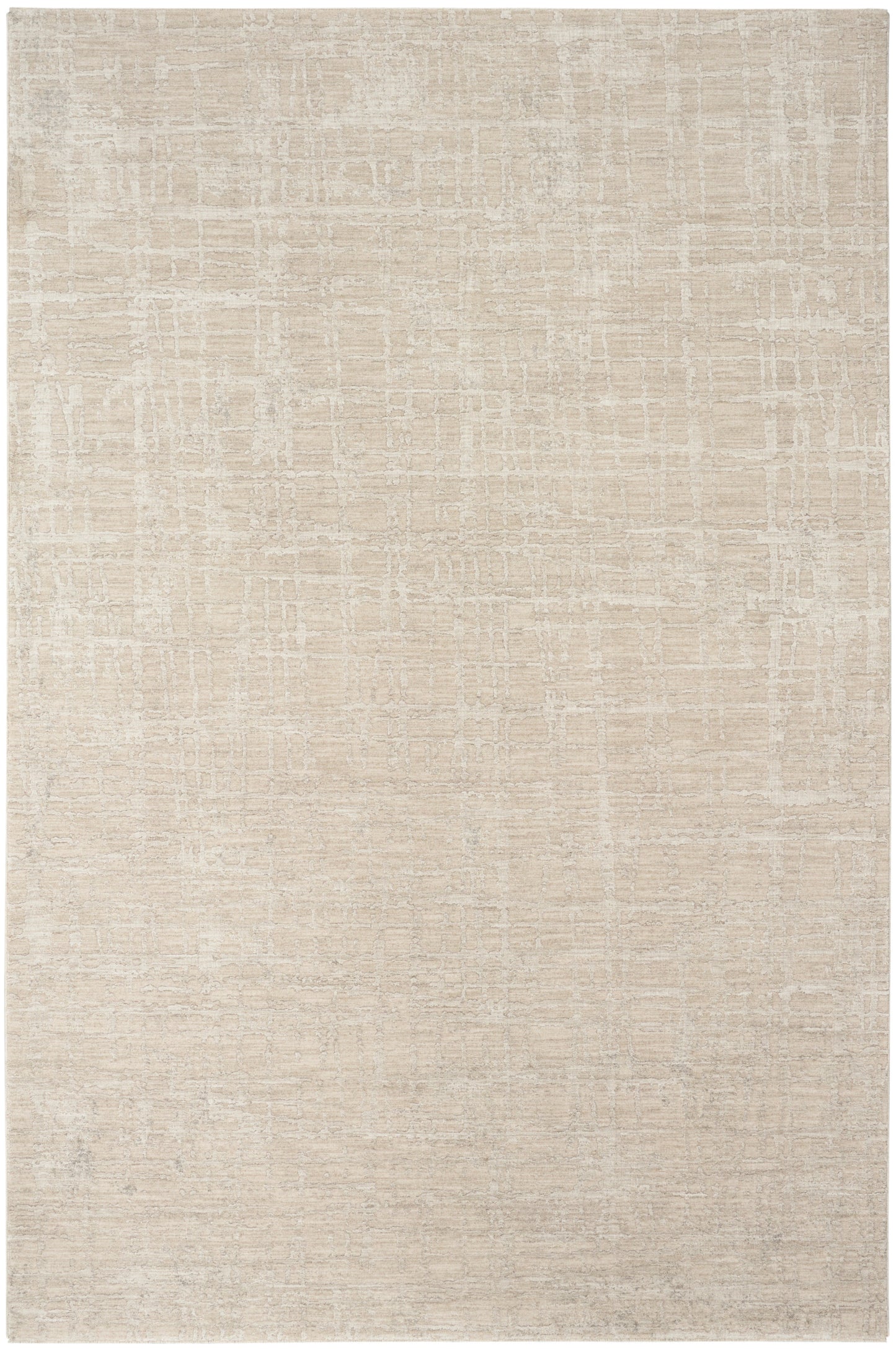 Beige abstract textured area rug with a subtle cream grid pattern.