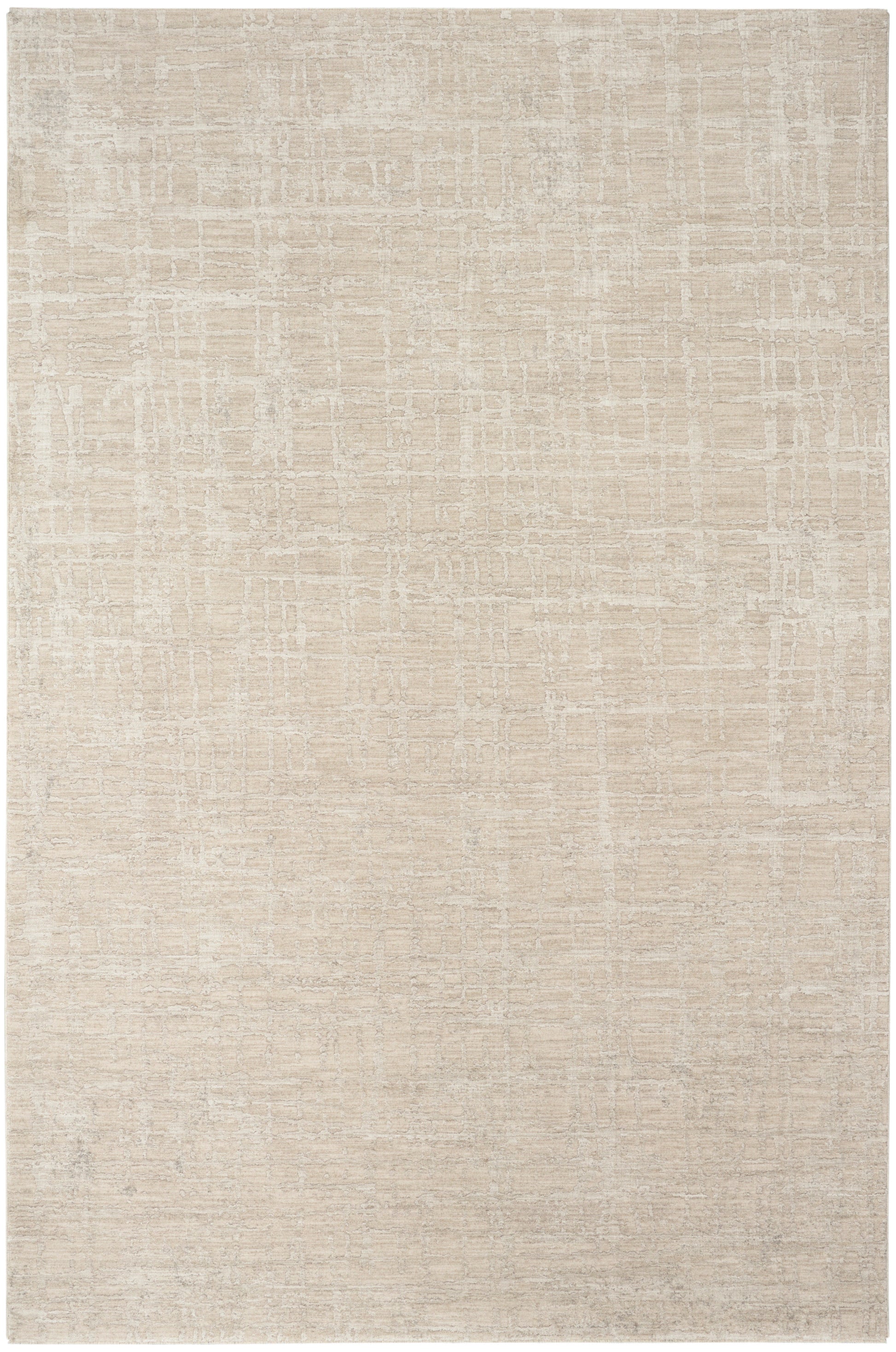 Beige abstract textured area rug with a subtle cream grid pattern.