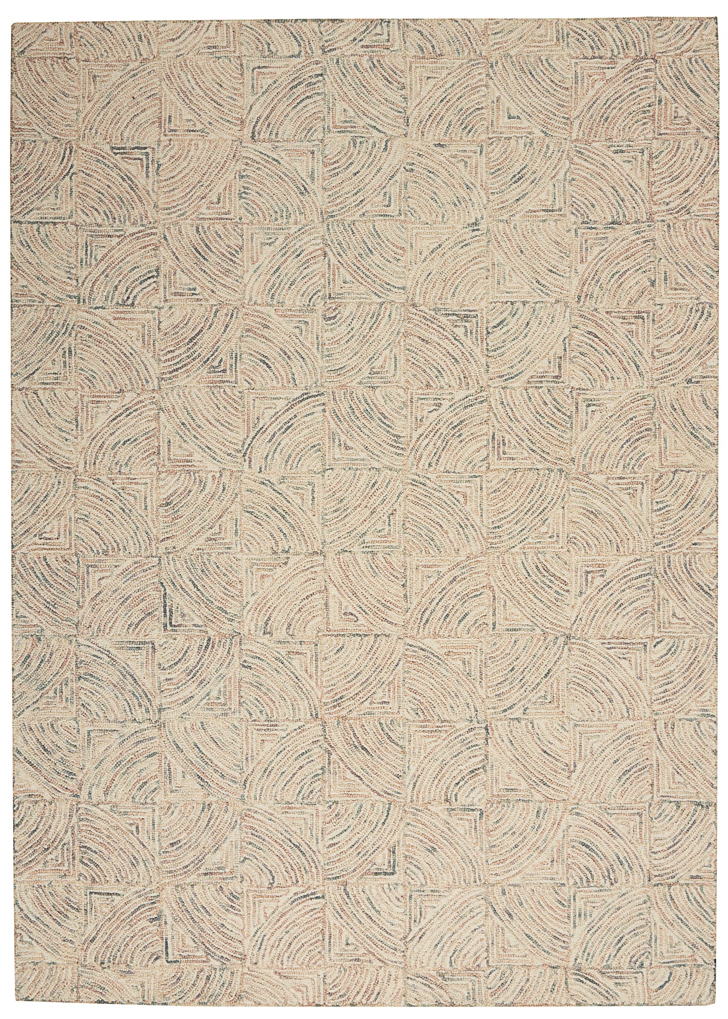 Beige woven area rug with tiled square pattern and curved arc swirls in blue-gray.