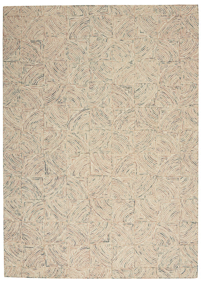 Beige woven area rug with tiled square pattern and curved arc swirls in blue-gray.