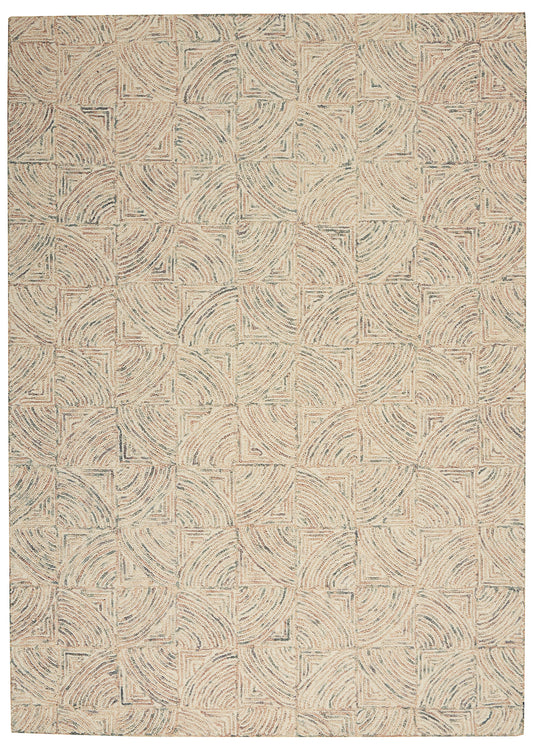 Beige woven area rug with tiled square pattern and curved arc swirls in blue-gray.