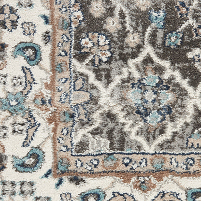Traditional oriental rug with cream base, blue and brown floral motif, ornate border, woven wool texture