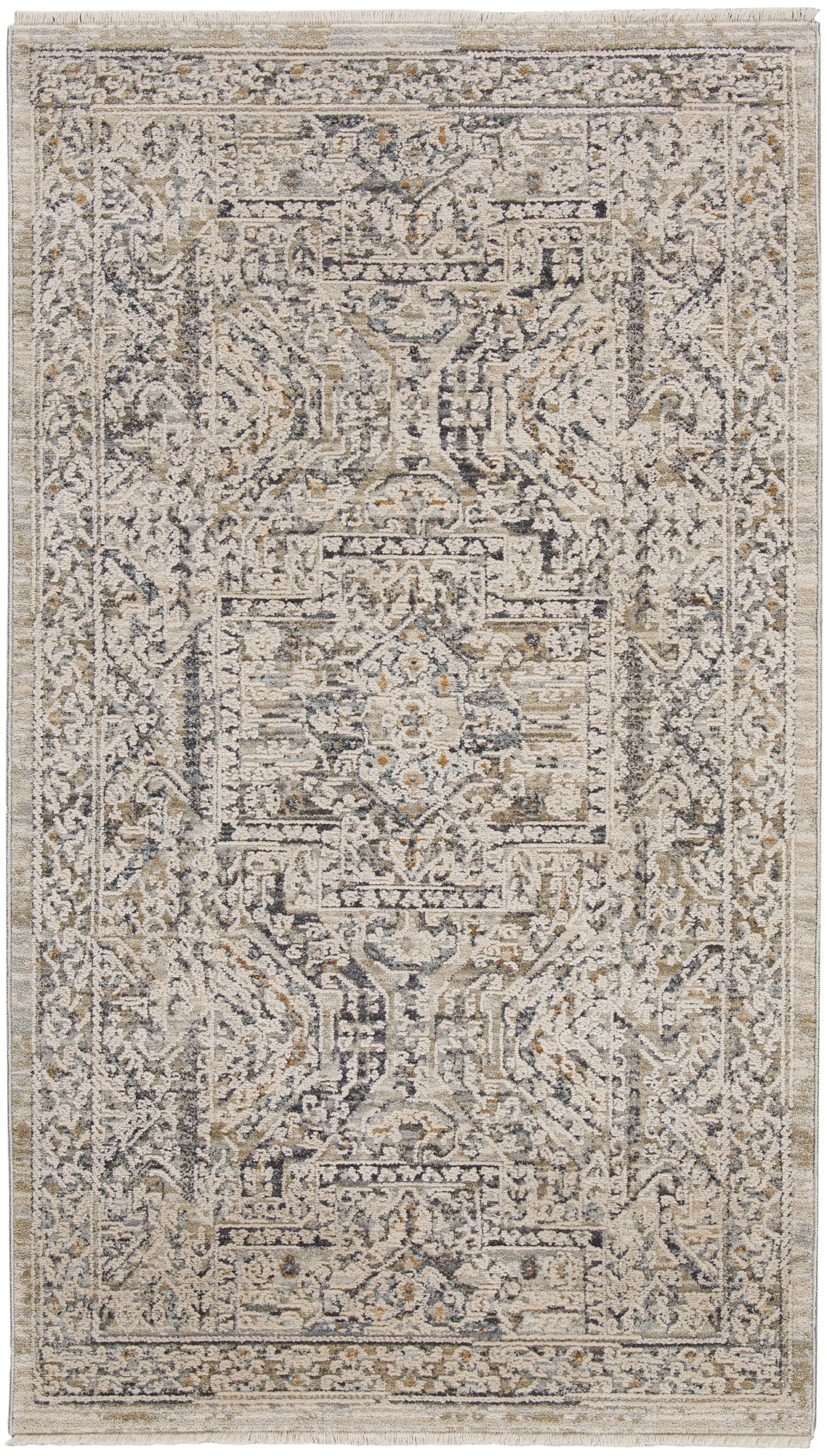 Neutral-toned oriental area rug with distressed ivory, gray, and beige central medallion pattern and ornate border.
