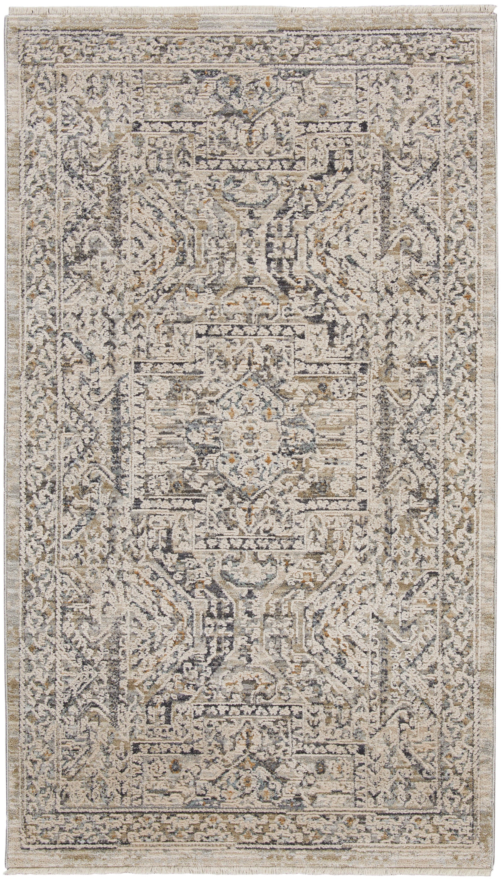 Neutral-toned oriental area rug with distressed ivory, gray, and beige central medallion pattern and ornate border.