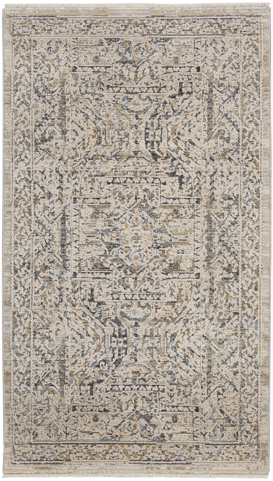 Neutral-toned oriental area rug with distressed ivory, gray, and beige central medallion pattern and ornate border.