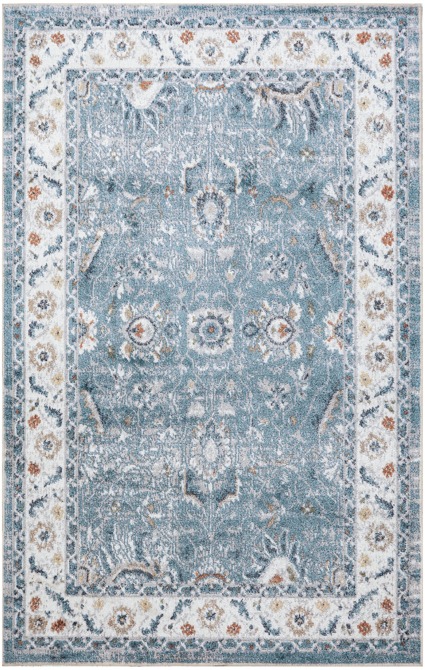 Blue vintage-style oriental rug with distressed light blue field and ornate ivory floral border accented in beige and rust.