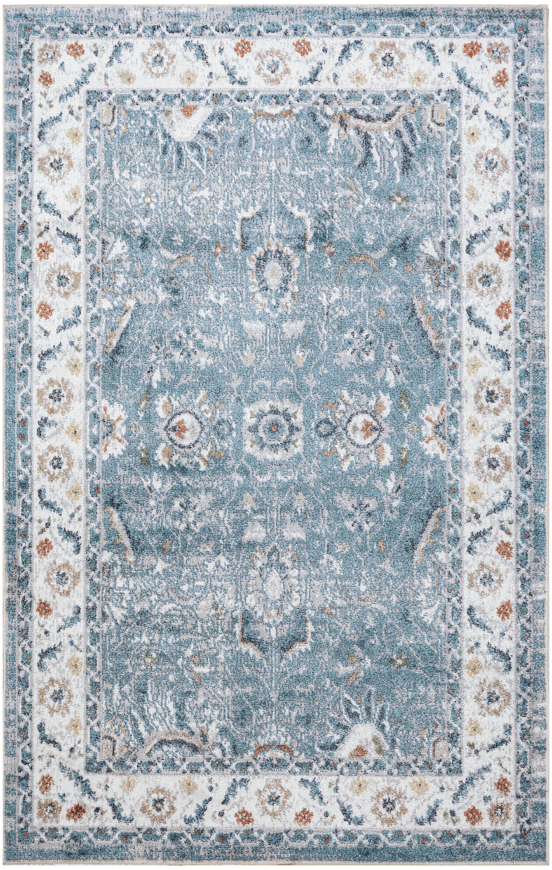 Blue vintage-style oriental rug with distressed light blue field and ornate ivory floral border accented in beige and rust.